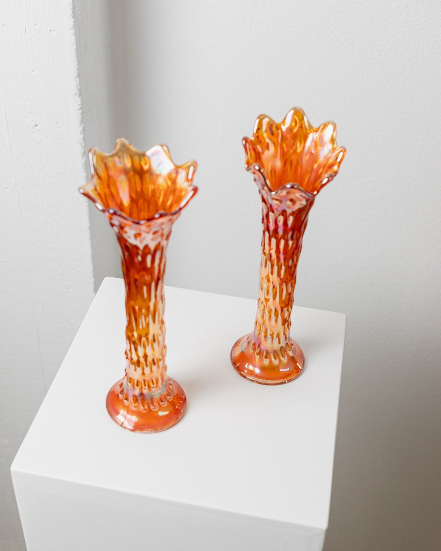 Set of 2 antique Fenton vases orange iridescent Marigold Carnival glass flower vases Italy 1930s vintage