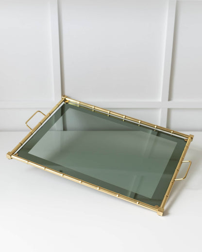 Gold Plated Bamboo Tray with Smoked Glass Bamboo Design Hollywood Regency 1960s Vintage