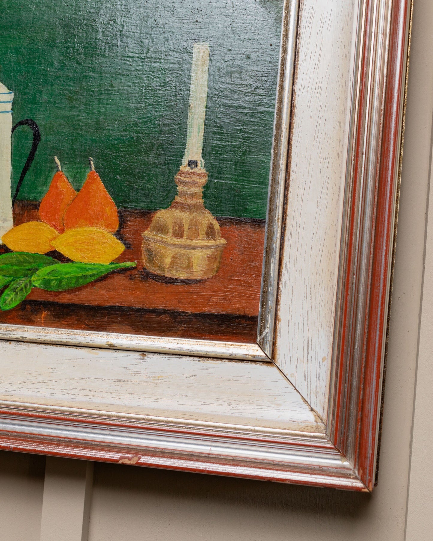 Unique oil painting oil paint wood original wooden frame naive art still life Italy 1970s vintage