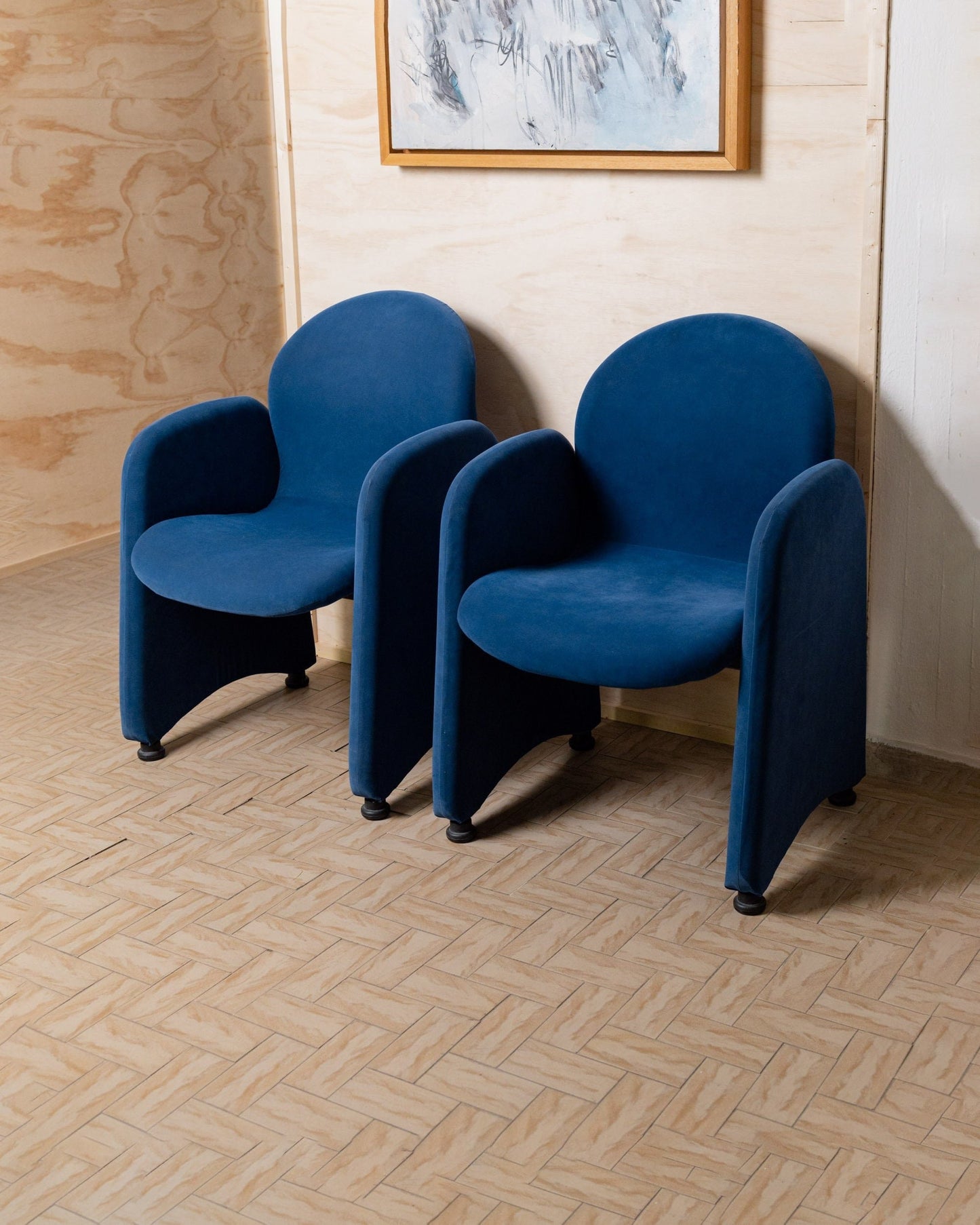 Ensemble de 2 fauteuils emblématiques en velours, chaises de salle à manger bleues, design du milieu du siècle, Italie, années 1970