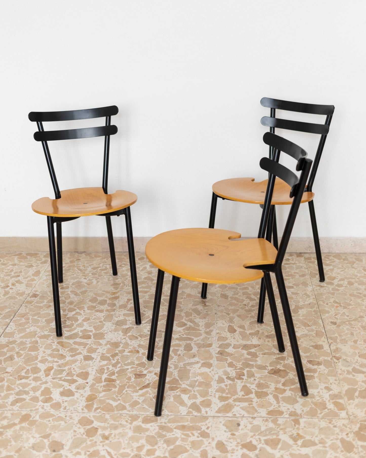 Set of 3 Italian Mid Century Chairs Black Steel and Wood Stackable Made in Italy 1970s Vintage