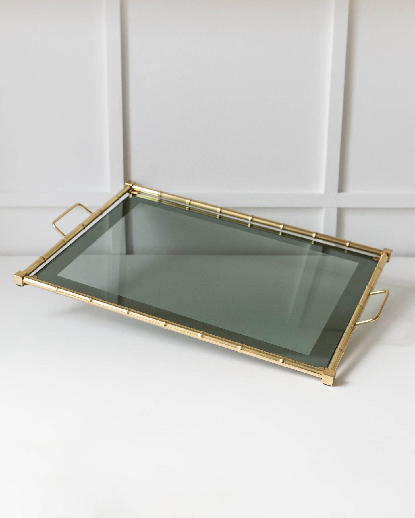 Gold Plated Bamboo Tray with Smoked Glass Bamboo Design Hollywood Regency 1960s Vintage