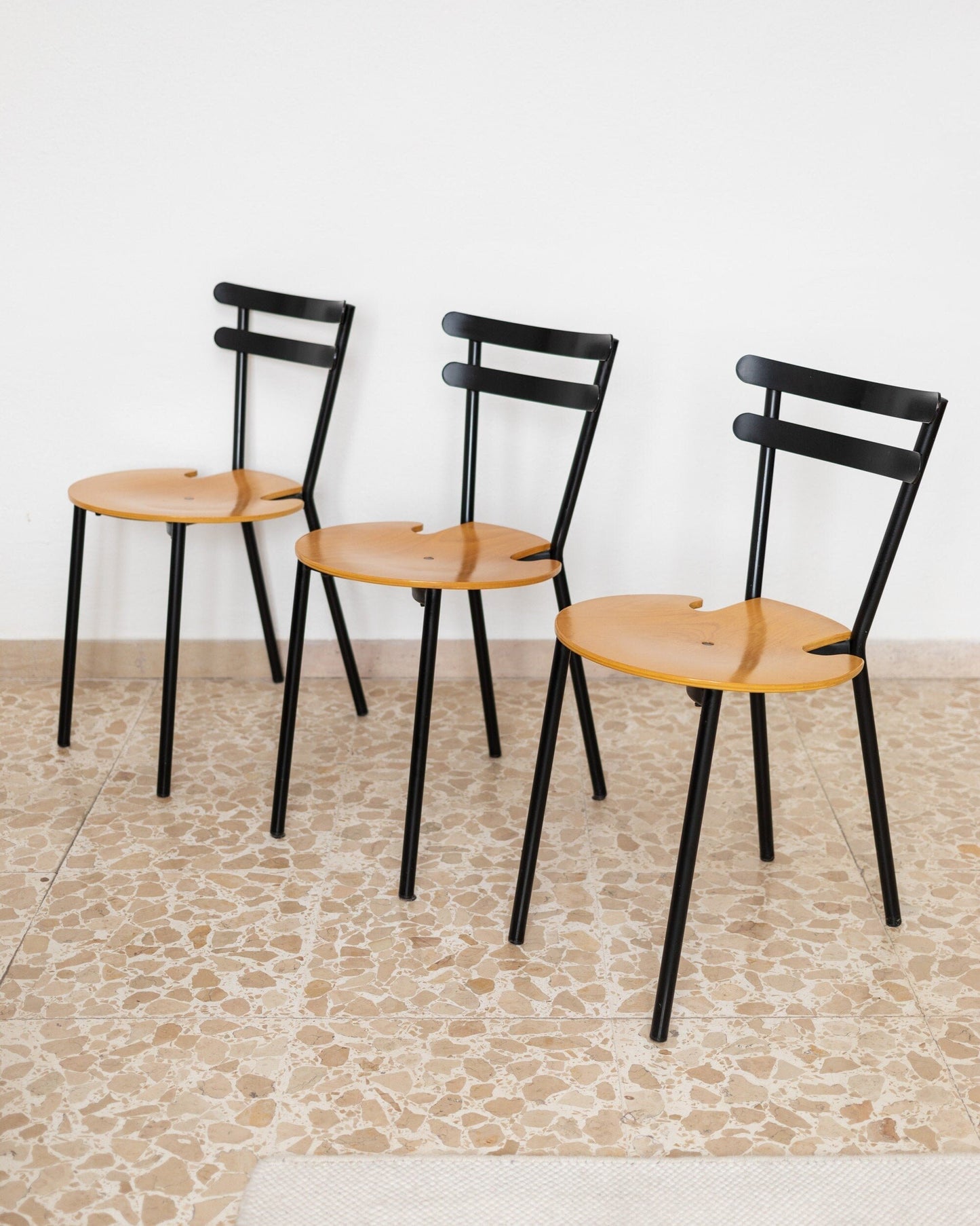 Set of 3 Italian Mid Century Chairs Black Steel and Wood Stackable Made in Italy 1970s Vintage