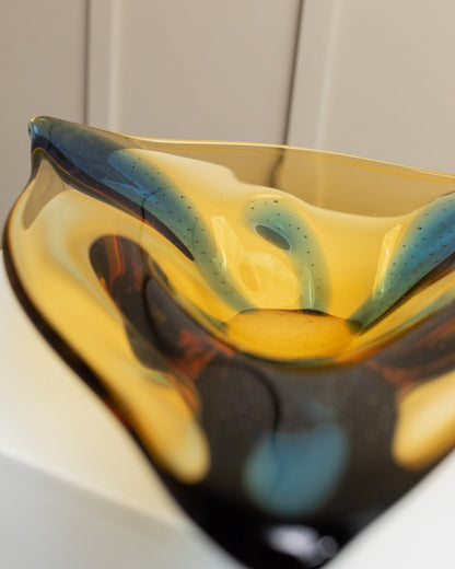 Glass bowl 60s by Karel Zemek Yellow and blue triangle soda technique Czech glass vintage