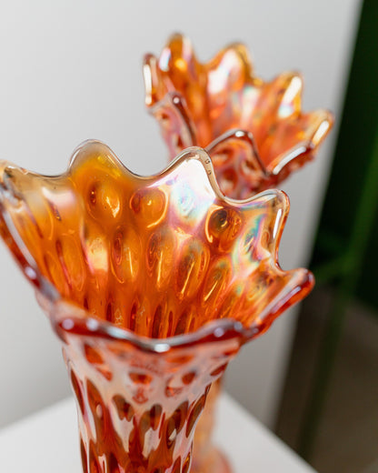 Set of 2 antique Fenton vases orange iridescent Marigold Carnival glass flower vases Italy 1930s vintage