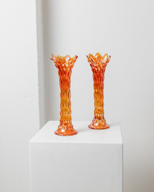 Ensemble de 2 vases Fenton antiques orange irisé Marigold Carnival vases à fleurs en verre Italie années 1930 vintage