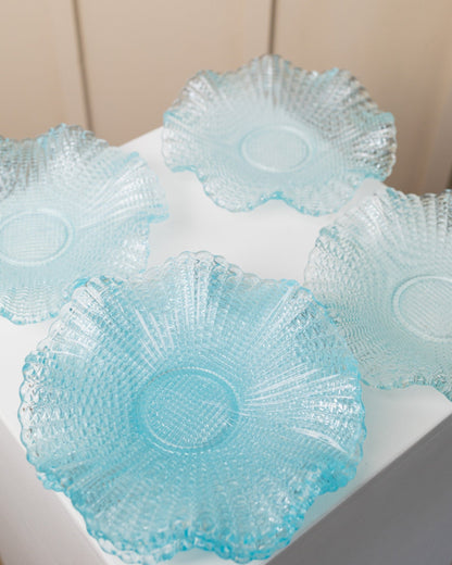 Set of 6 crystal glass bowls 1980s turquoise Fenton dessert plates Murano glass Hollywood Regency style vintage