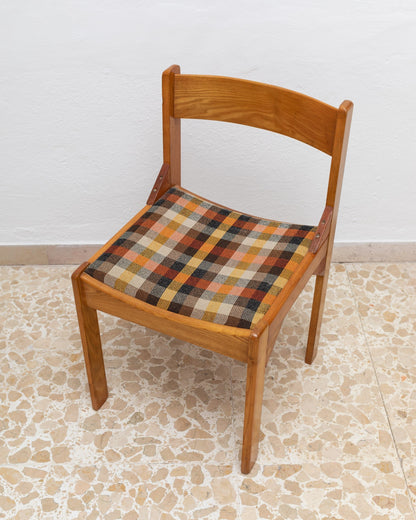 Italian chair wood and checkered seat Mid Century Design Italy 1960s Vintage