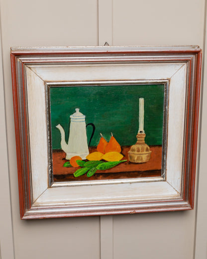 Pièce unique de peinture à l’huile peinture à l’huile bois cadre en bois original art naïf nature morte Italie années 1970 vintage