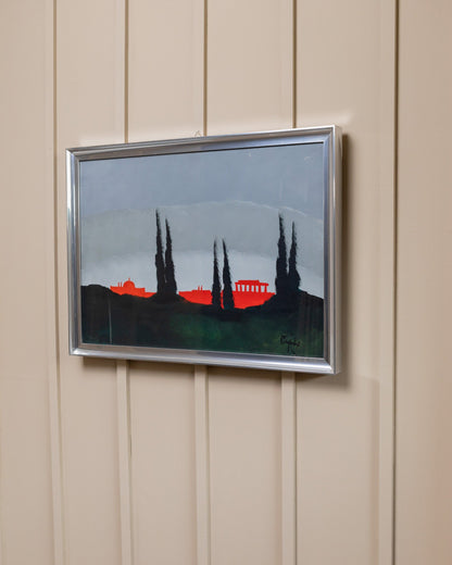 Gemälde Vittorio Postiglione einzigartiges Stück Acryl auf Leinwand originaler Holzrahmen silber Motiv Rom Skyline Italien 1980er Vintage