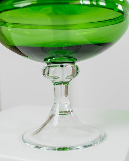 Murano Glass Candy Dish 1970s Green and Clear Glass With Lid and Foot Italian Glass Art Vintage