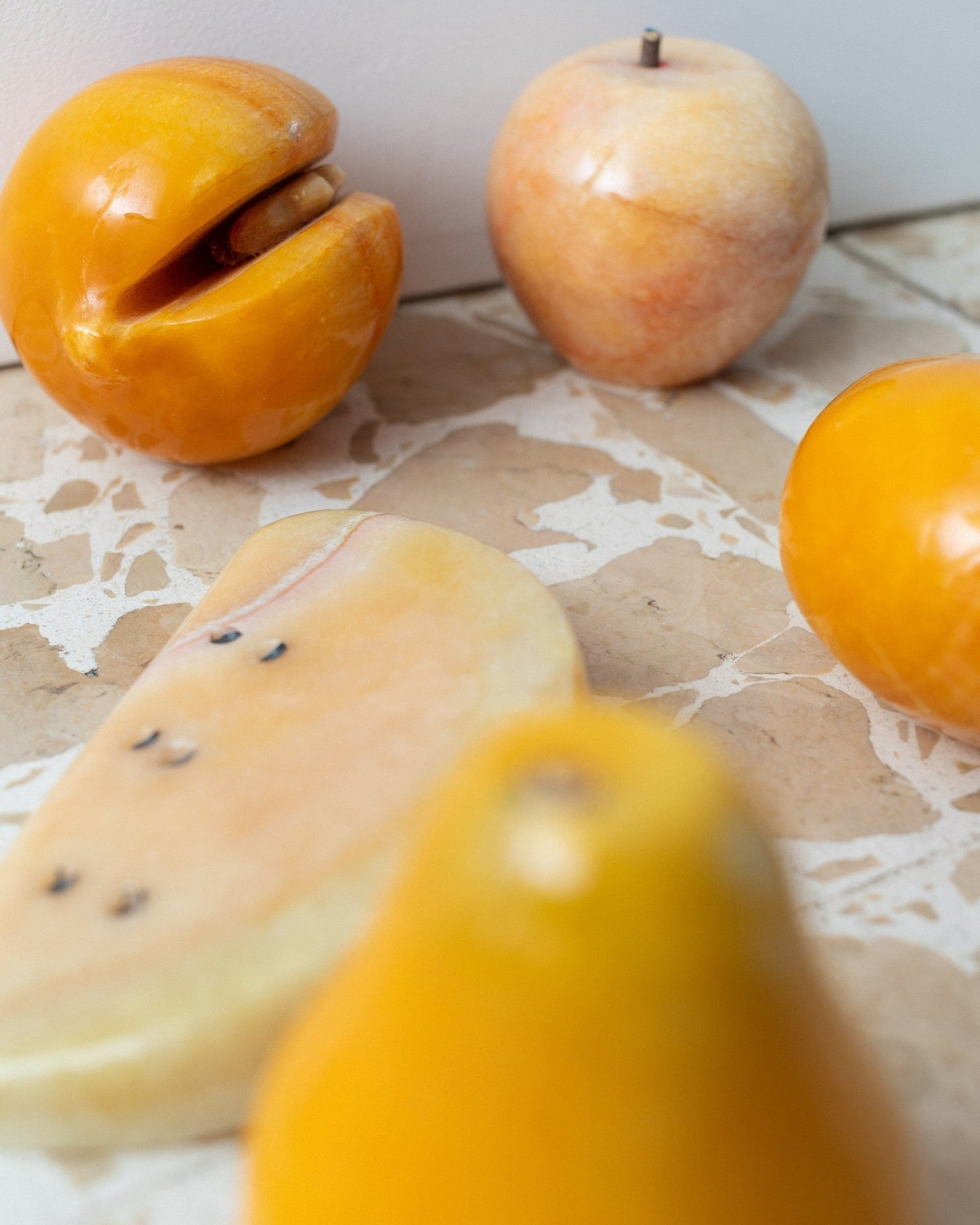 Set of 5 alabaster fruits yellow stone fruit handmade Mid Century Design Italy 1970s Vintage