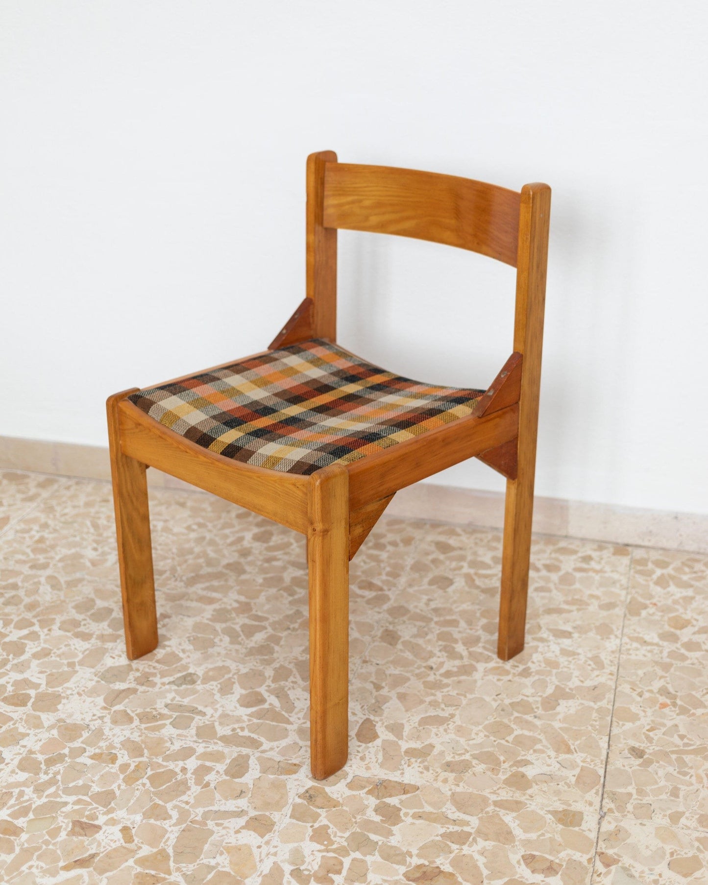 Italian chair wood and checkered seat Mid Century Design Italy 1960s Vintage