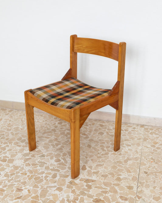 Italian chair wood and checkered seat Mid Century Design Italy 1960s Vintage