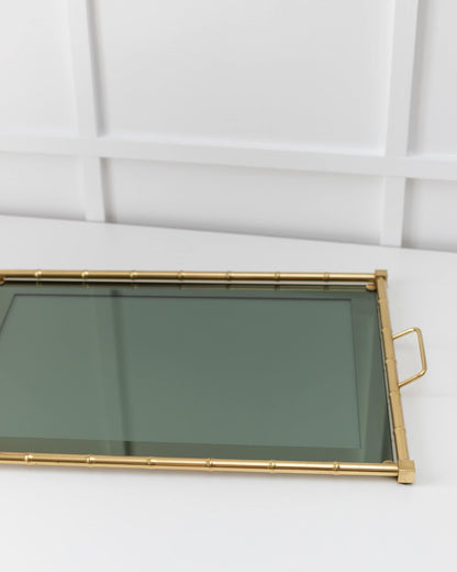 Gold Plated Bamboo Tray with Smoked Glass Bamboo Design Hollywood Regency 1960s Vintage