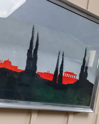 Painting Vittorio Postiglione unique piece acrylic on canvas original wooden frame silver motif Rome Skyline Italy 1980s Vintage