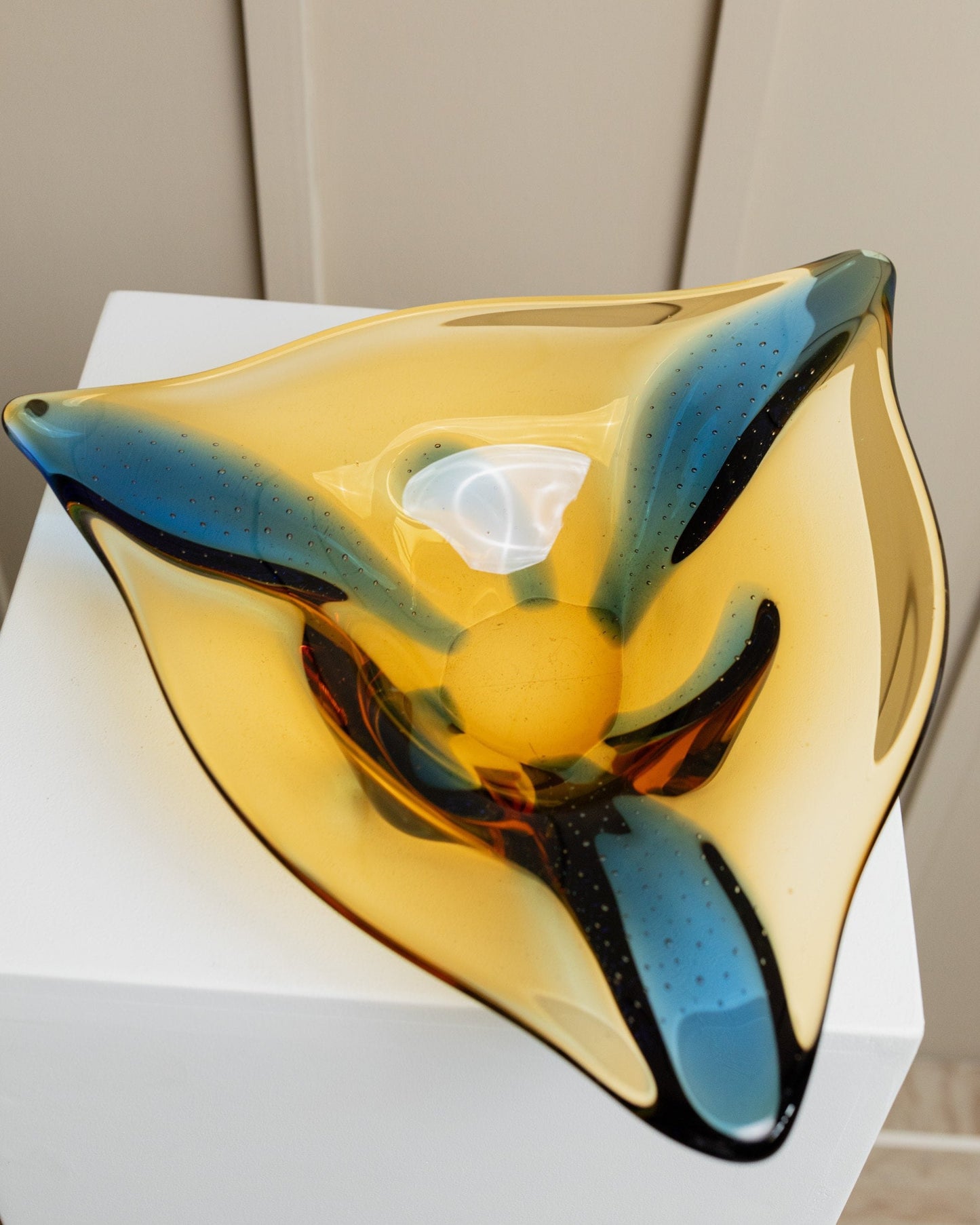 Glass bowl 60s by Karel Zemek Yellow and blue triangle soda technique Czech glass vintage