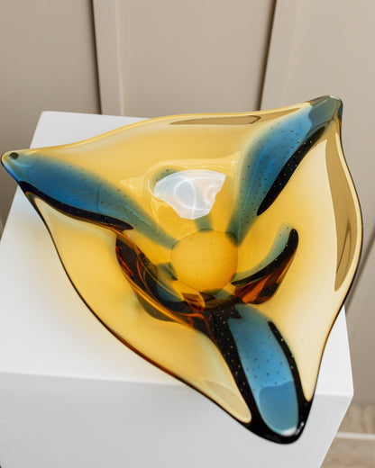 Glass bowl 60s by Karel Zemek Yellow and blue triangle soda technique Czech glass vintage