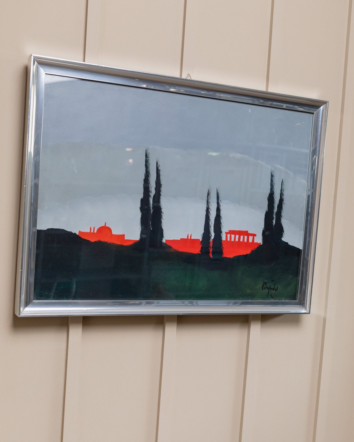 Gemälde Vittorio Postiglione einzigartiges Stück Acryl auf Leinwand originaler Holzrahmen silber Motiv Rom Skyline Italien 1980er Vintage