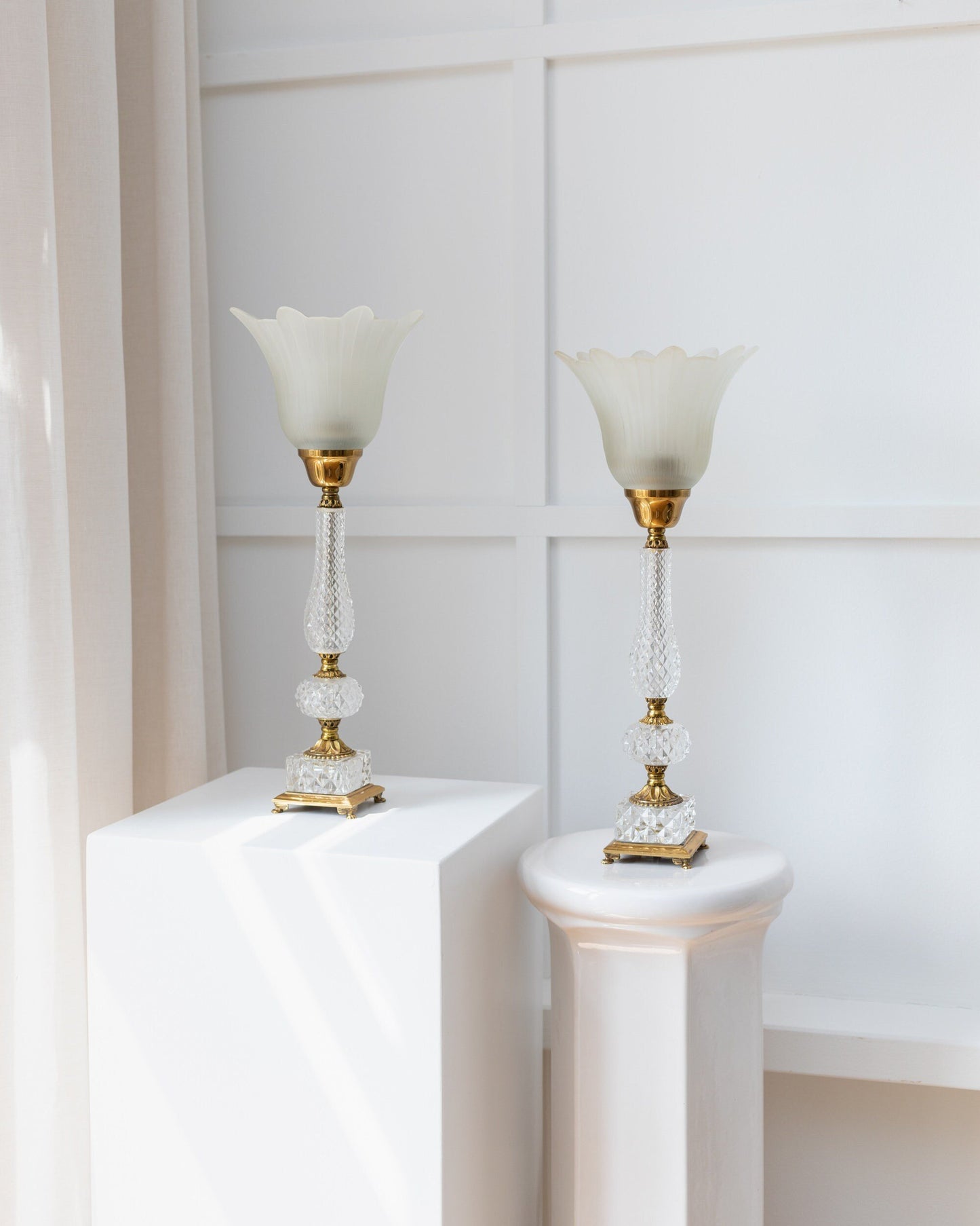 Set of 2 neoclassical table lamps cut crystal and brass from Italy 1950s vintage