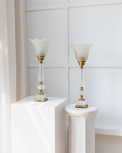 Set of 2 neoclassical table lamps cut crystal and brass from Italy 1950s vintage