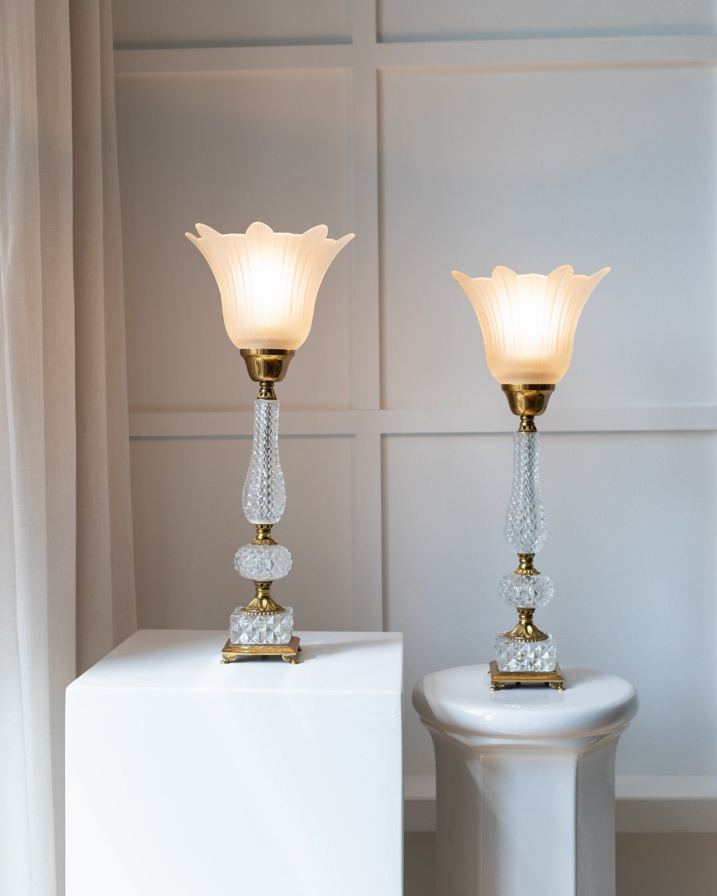 Set of 2 neoclassical table lamps cut crystal and brass from Italy 1950s vintage