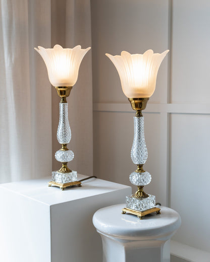 Set of 2 neoclassical table lamps cut crystal and brass from Italy 1950s vintage