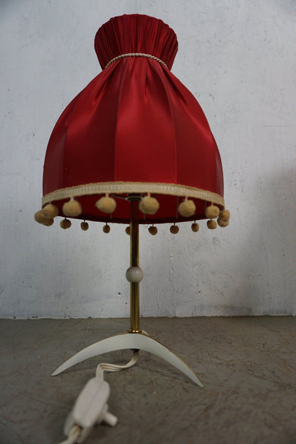 Set of 2 red table lamps 50s 60s Mid Century crow's foot pompom border vintage