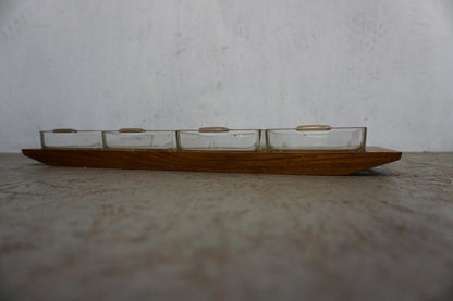 Decorative teak tray with four glass bowls Original Artiform Vintage