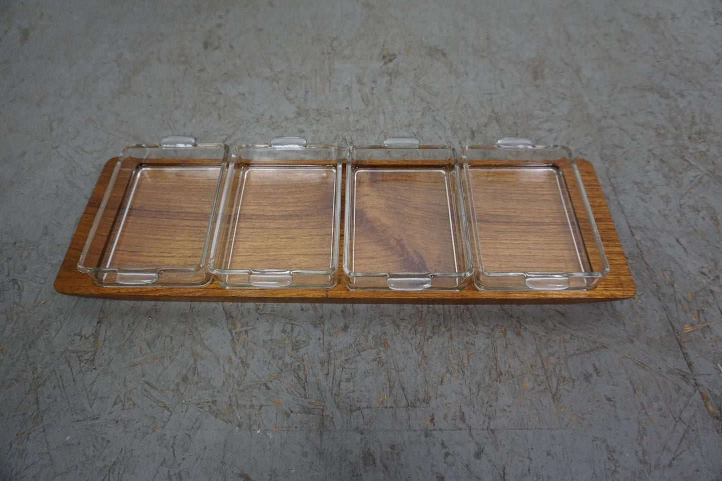 Decorative teak tray with four glass bowls Original Artiform Vintage