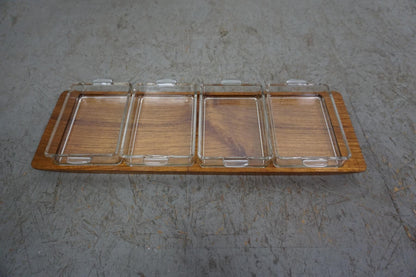 Decorative teak tray with four glass bowls Original Artiform Vintage