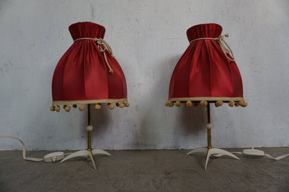 Set of 2 red table lamps 50s 60s Mid Century crow's foot pompom border vintage