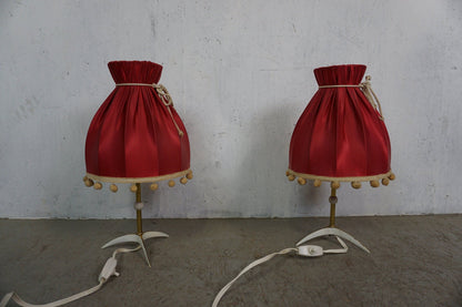 Set of 2 red table lamps 50s 60s Mid Century crow's foot pompom border vintage