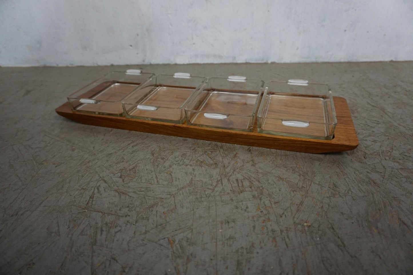 Decorative teak tray with four glass bowls Original Artiform Vintage