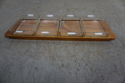 Decorative teak tray with four glass bowls Original Artiform Vintage