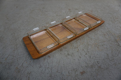 Decorative teak tray with four glass bowls Original Artiform Vintage