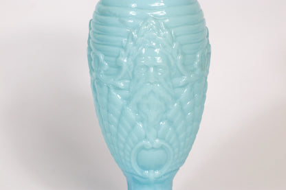 Seltene Vallérysthal Opaline Vase Art Nouveau Glas 4597 Opalglas Milchglas Blau Celeste 1900 1910 Portieux Neptun Poseidon Muschel Nautisch