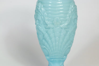 Seltene Vallérysthal Opaline Vase Art Nouveau Glas 4597 Opalglas Milchglas Blau Celeste 1900 1910 Portieux Neptun Poseidon Muschel Nautisch