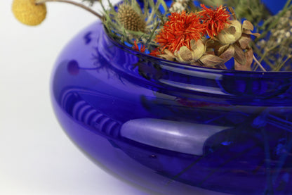 Grand vintage années 90 années 80 Cobalt Blue Glass Vase Bowl Circle Round Ball Flower Vase Lanterne Y2K