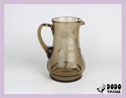 Vintage Carafe Smoked Glass Mid Century Lead Cut Engraving Flowers Floral Modernist Glass Grey Brown Jug Pitcher 1950s 50s 60s 1960