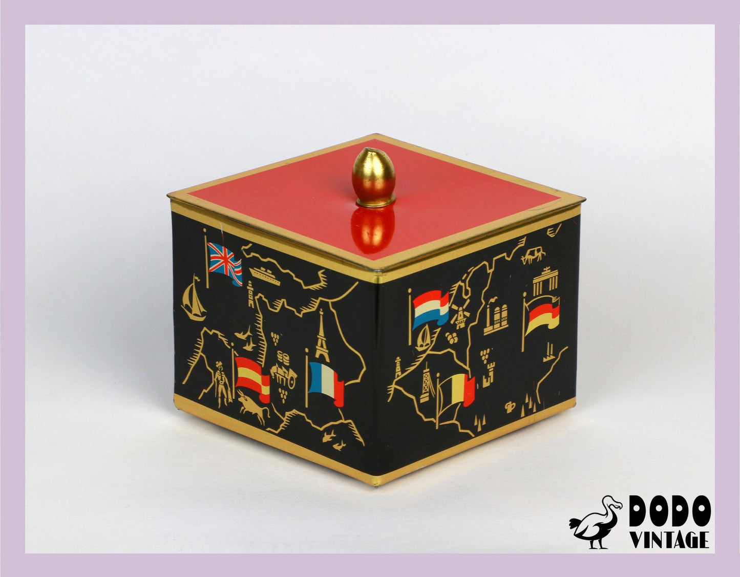 vintage Métal Bonboniere Lidded Box Mid Century Asiatique Milieu du Siècle Noir Orange Rouge Drapeaux Européens Or Cadmium Boîte De Rangement