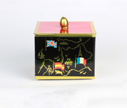 vintage Métal Bonboniere Lidded Box Mid Century Asiatique Milieu du Siècle Noir Orange Rouge Drapeaux Européens Or Cadmium Boîte De Rangement