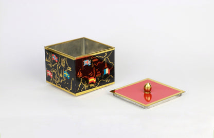 vintage Métal Bonboniere Lidded Box Mid Century Asiatique Milieu du Siècle Noir Orange Rouge Drapeaux Européens Or Cadmium Boîte De Rangement