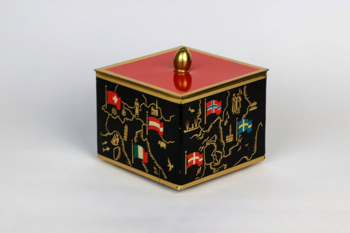 vintage Métal Bonboniere Lidded Box Mid Century Asiatique Milieu du Siècle Noir Orange Rouge Drapeaux Européens Or Cadmium Boîte De Rangement