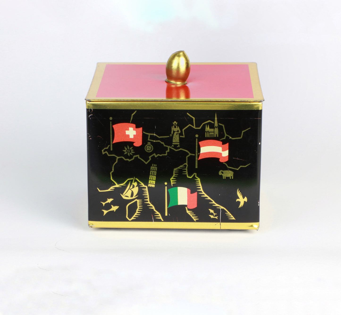 vintage Métal Bonboniere Lidded Box Mid Century Asiatique Milieu du Siècle Noir Orange Rouge Drapeaux Européens Or Cadmium Boîte De Rangement