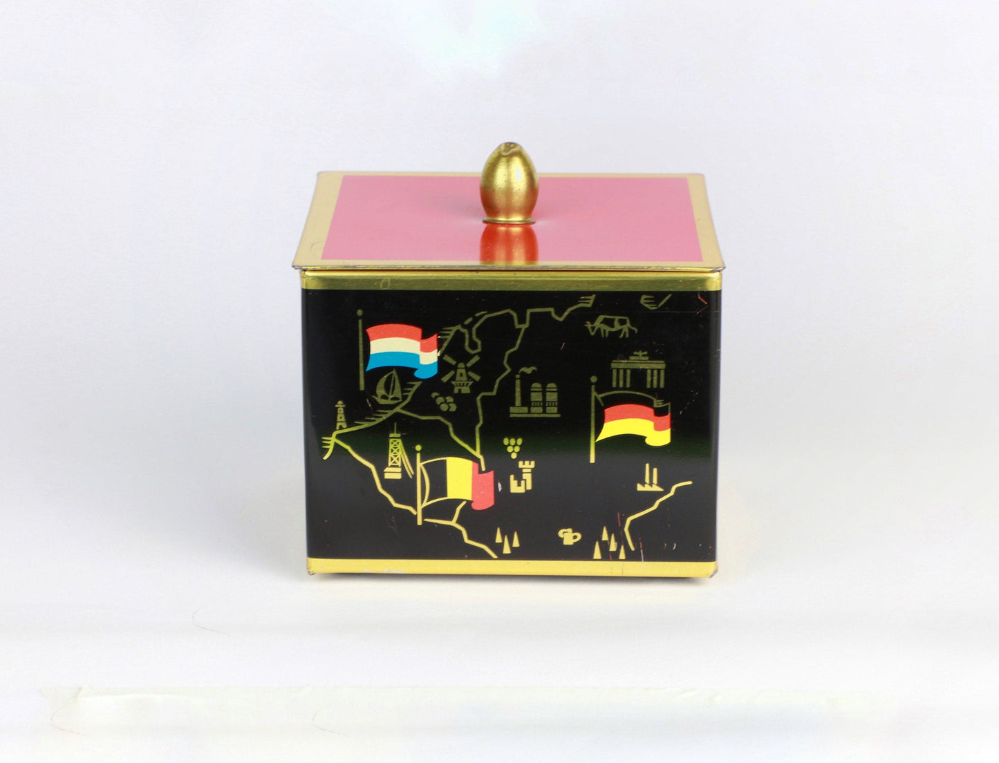 vintage Métal Bonboniere Lidded Box Mid Century Asiatique Milieu du Siècle Noir Orange Rouge Drapeaux Européens Or Cadmium Boîte De Rangement