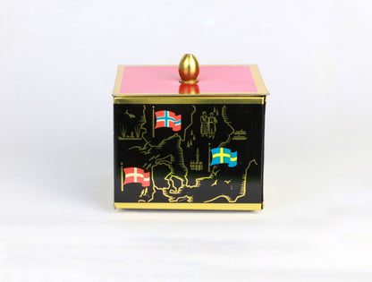 vintage Métal Bonboniere Lidded Box Mid Century Asiatique Milieu du Siècle Noir Orange Rouge Drapeaux Européens Or Cadmium Boîte De Rangement