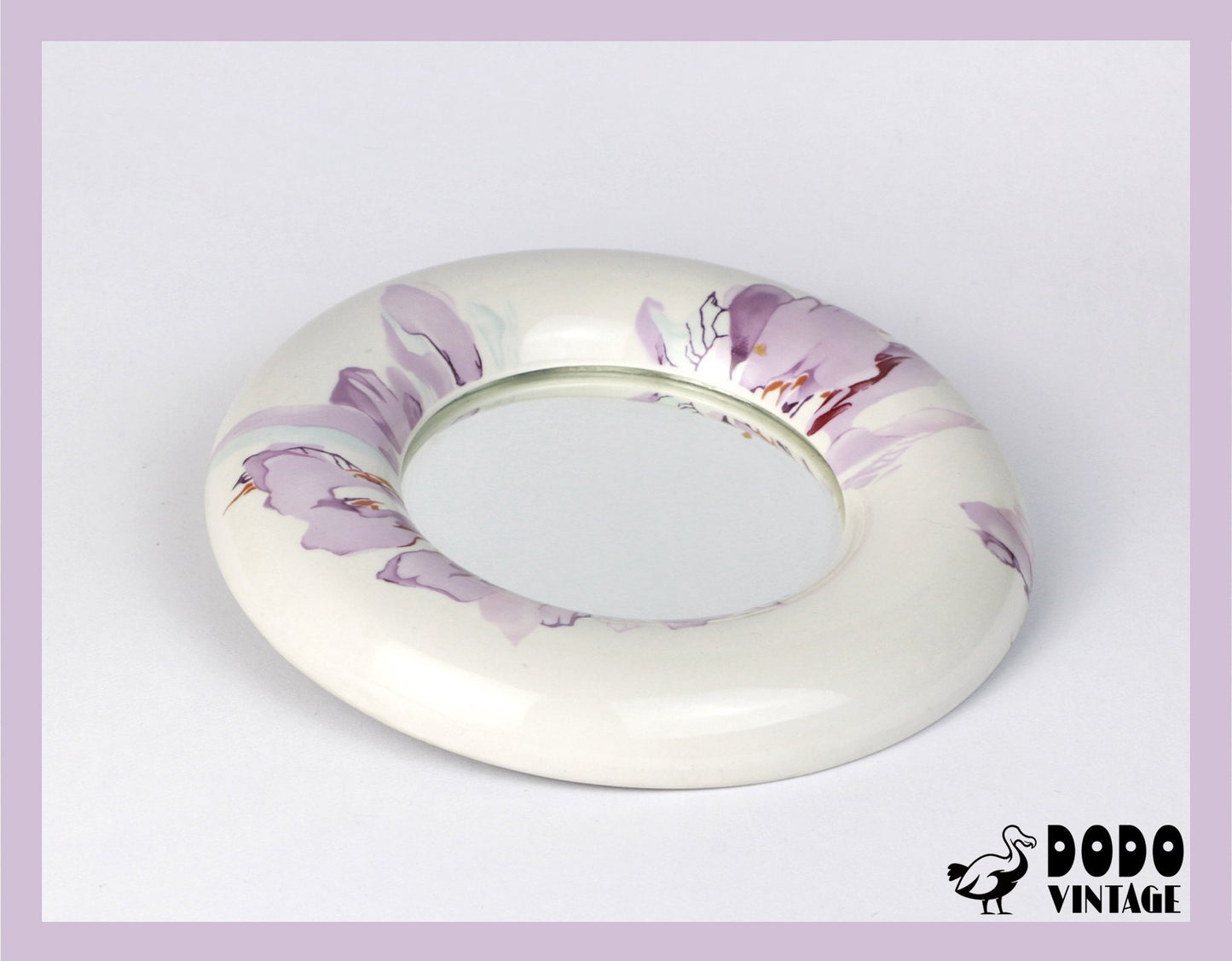 Miroir en porcelaine vintage violet lilas fleurs d'aubergine fleurs blanc années 80 années 70 miroir mural floral décoratif rond