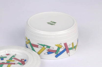 Vintage Ceramic Tin Box Thomas Series Trio Pens Postmodern Memphis White Sugar Container 1980 1990 Lidded Tin Storage Kitsch