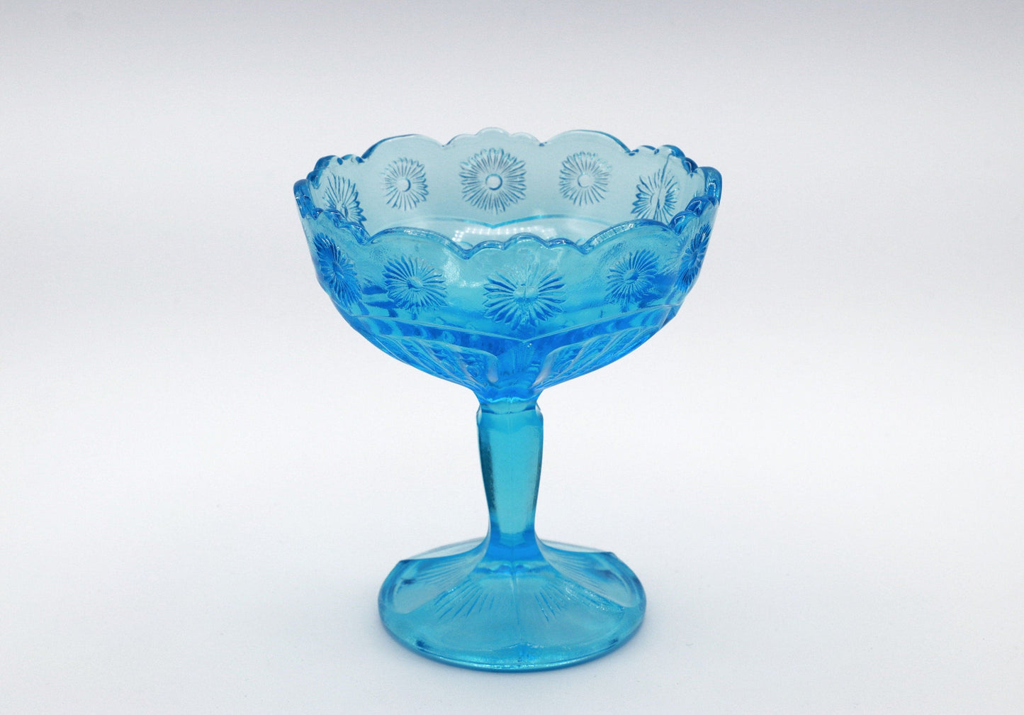 Vintage Foot Bowl Glass Blue Candy Bowl Bonboniere Pressed Glass Goblet Cup Flower Pattern Daisy Bohemian Bohemia